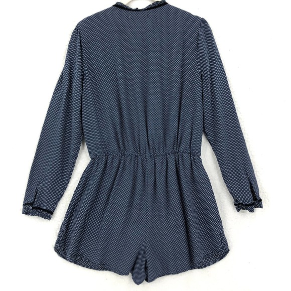 Avec Les Filles Womens Romper S Blue Polka Dot 3" Shorts Long Sleeve Ruffle Trim - Picture 9 of 10